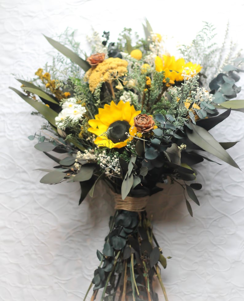 Sunflower Wedding Bouquet, Fall Wedding Bouquet, Yellow, Woodland, Autumn, Rustic, Wildflower, Wedding Bouquet, Pinecone, Preserved, Dried image 8