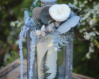 Wedding Lantern Topper | Wedding Centerpiece | Flower Hoop | Preserved Flowers | Dried Flowers | Dusty Blue and White | Wedding Decor