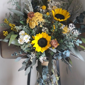 Sunflower Wedding Bouquet, Fall Wedding Bouquet, Yellow, Woodland, Autumn, Rustic, Wildflower, Wedding Bouquet, Pinecone, Preserved, Dried image 7