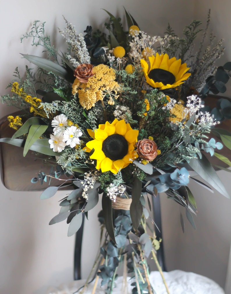 Sunflower Wedding Bouquet, Fall Wedding Bouquet, Yellow, Woodland, Autumn, Rustic, Wildflower, Wedding Bouquet, Pinecone, Preserved, Dried image 7