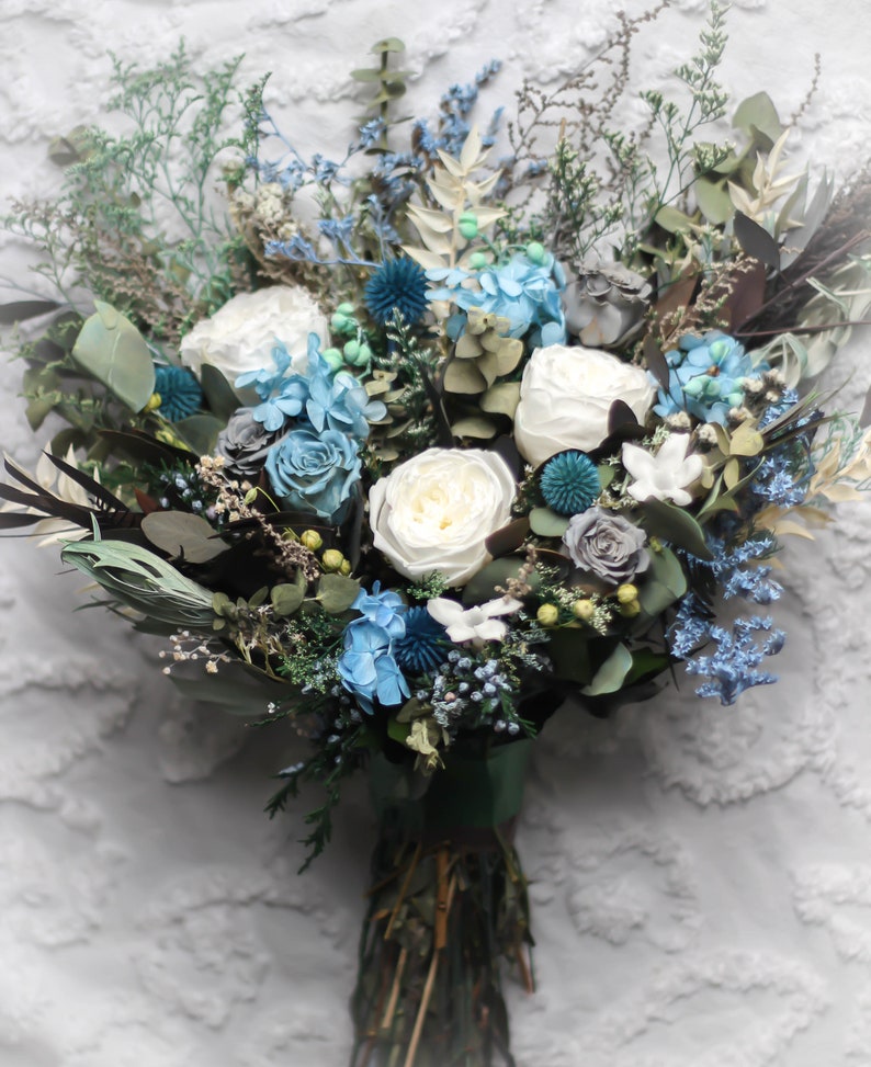 Wedding Bouquet Dusty Blue Sage Green Navy Blue Dried - Etsy