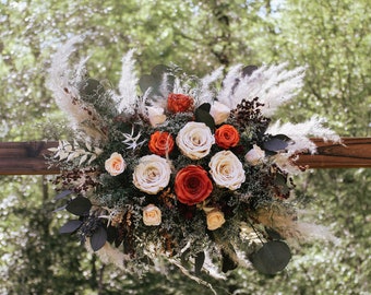 Terracotta cream and pampas wedding arch arrangement, rust orange, burnt orange, pampas, arch flowers, wedding flower backdrop, fall, gazebo