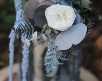 Lantern Wedding Flowers Topper | Dusty Blue and White Floral Hoop | White Preserved Roses | Centerpiece