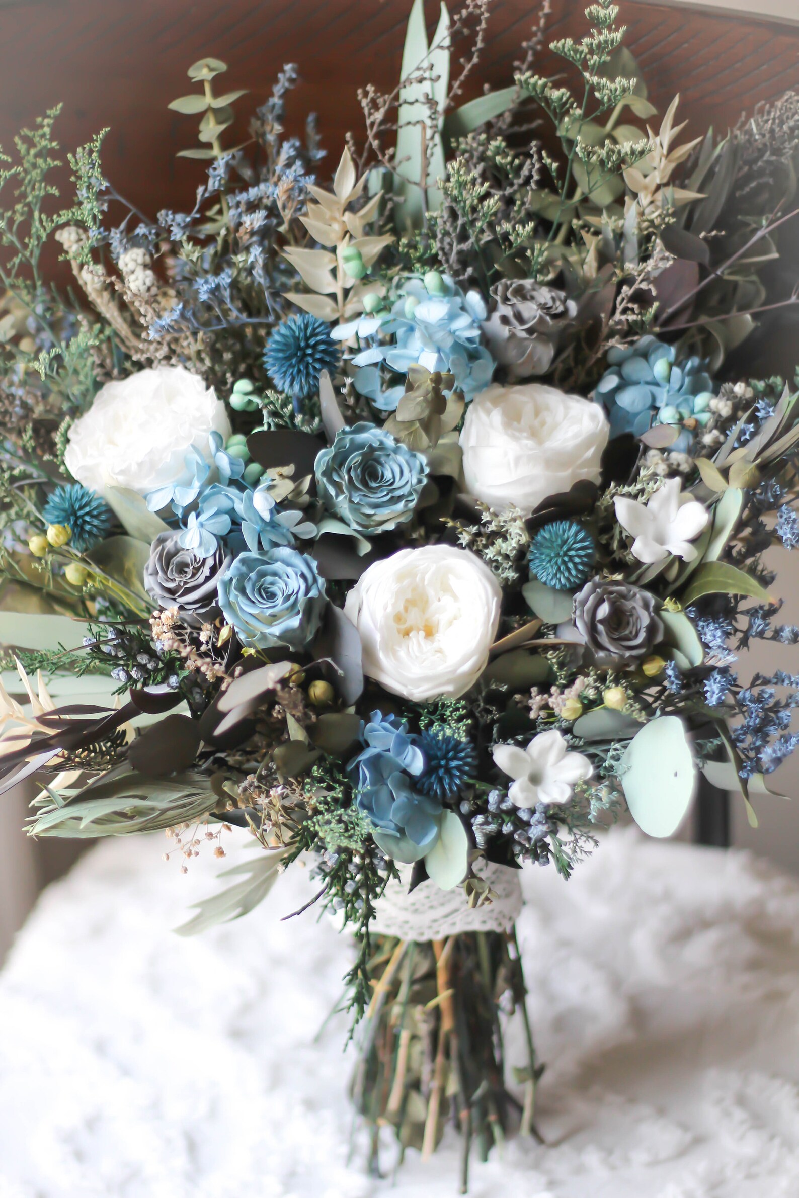 Wedding Bouquet Dusty Blue Sage Green Navy Blue Dried - Etsy