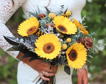 Yellow Sunflower Bouquet, Wedding Bouquet, Fall Wedding, Dried Flowers, Bride Bouquet, Autumn Wedding, Wildflower Wedding Bouquet, Woodland