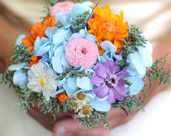 Dried Flower Wedding Bouquet, Bright, Colorful, Simple, Wedding, Bridesmaid, Orange, Pink, Dusty Blue, Purple, Wildflower