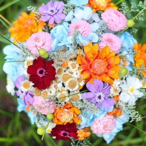 Wildflower Wedding Bouquet, Dried Flowers,  Bridal, Colorful, Wedding, Bouquet, Orange, Pink, Dusty Blue, Daisy, Wedding Flowers Set