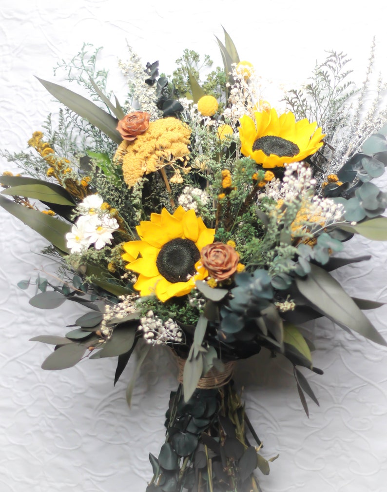 Sunflower Wedding Bouquet, Fall Wedding Bouquet, Yellow, Woodland, Autumn, Rustic, Wildflower, Wedding Bouquet, Pinecone, Preserved, Dried image 3