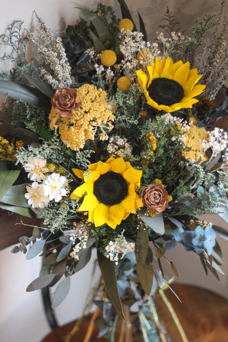 Sunflower Wedding Bouquet, Fall Wedding Bouquet, Yellow, Woodland, Autumn, Rustic, Wildflower, Wedding Bouquet, Pinecone, Preserved, Dried image 5