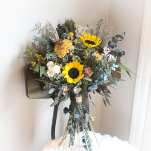 Sunflower Wedding Bouquet, Fall Wedding Bouquet, Yellow, Woodland, Autumn, Rustic, Wildflower, Wedding Bouquet, Pinecone, Preserved, Dried image 6