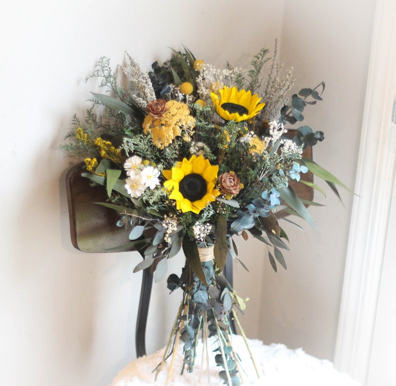 Sunflower Wedding Bouquet, Fall Wedding Bouquet, Yellow, Woodland, Autumn, Rustic, Wildflower, Wedding Bouquet, Pinecone, Preserved, Dried image 6