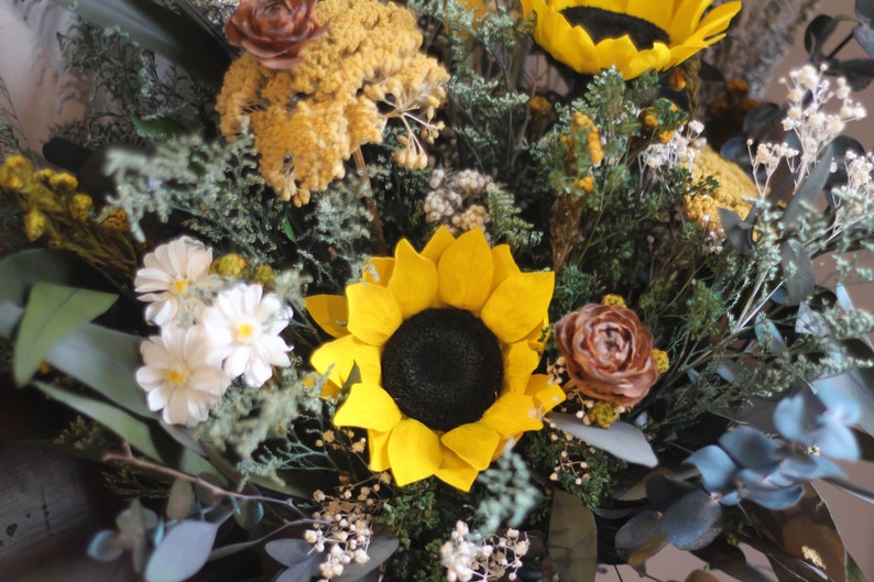 Sunflower Wedding Bouquet, Fall Wedding Bouquet, Yellow, Woodland, Autumn, Rustic, Wildflower, Wedding Bouquet, Pinecone, Preserved, Dried image 9