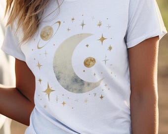 Crescent Moon and Stars Womens Celestial Graphic Tee