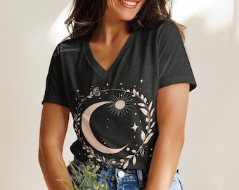 Celestial Moon and Stars V-Neck T-Shirt: Womens Relaxed fit Top