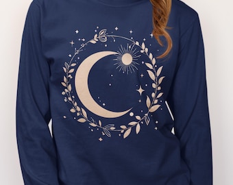 Moon & Stars Long Sleeve T-Shirt: Mystical Design, Celestial Shirt
