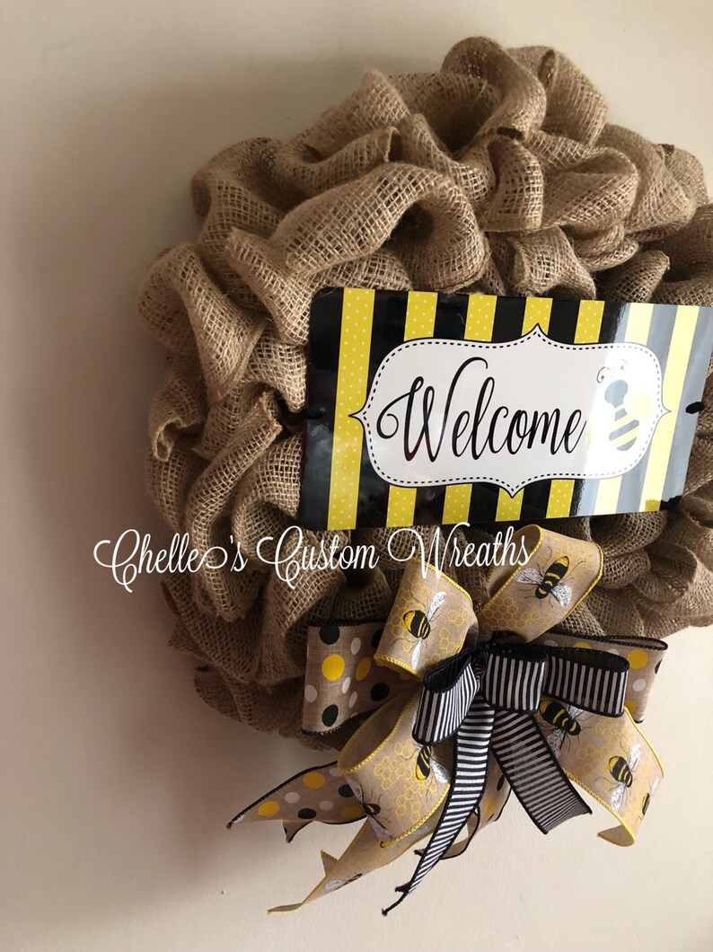 summer gift 17 Tan burlap wreath with honey bee sign and accent bow door decoration handmade gift front door