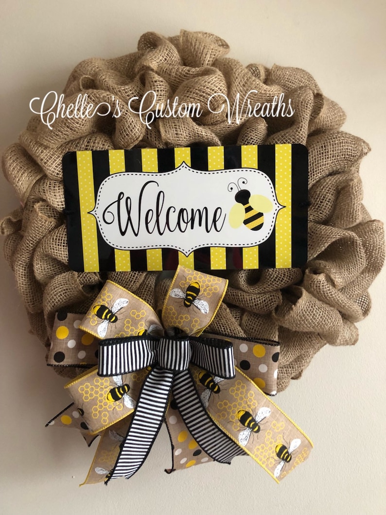 summer gift 17 Tan burlap wreath with honey bee sign and accent bow door decoration handmade gift front door