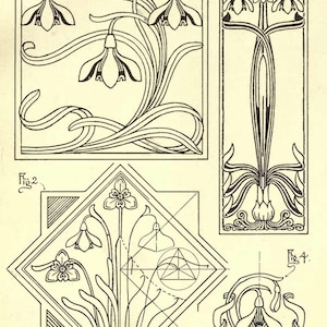 Könnte beinhalten: Vintage botanische Illustration mit vier detaillierten floralen Designs. Jedes Design zeigt stilisierte Schneeglöckchenblüten mit geschwungenen Stielen und Blättern, dargestellt in schwarzer Tinte auf cremefarbenem Hintergrund. Das Bild enthält geometrische Elemente.