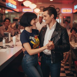 May include: A couple dances in a retro diner. The woman wears a navy blue t-shirt with a cartoon graphic and jeans. The man wears a black leather jacket, white shirt, and jeans. The diner has a checkered floor and neon signs.