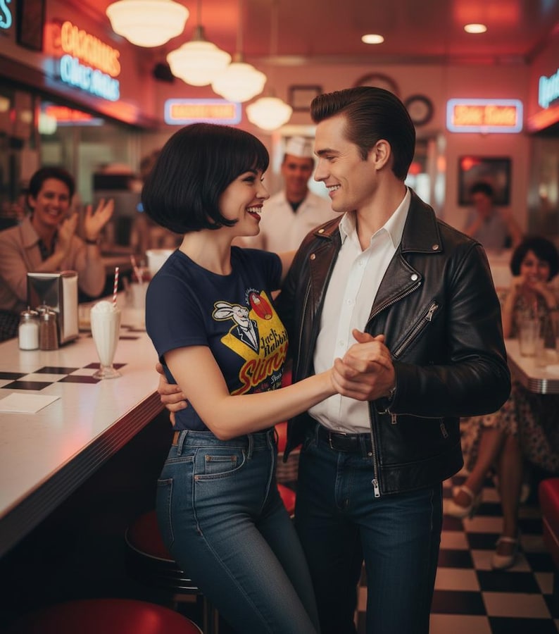 May include: A couple dances in a retro diner. The woman wears a navy blue t-shirt with a cartoon graphic and jeans. The man wears a black leather jacket, white shirt, and jeans. The diner has a checkered floor and neon signs.