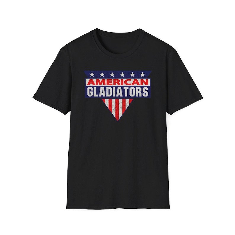 ヴィンテージ アメリカン グラディエーターズ Tシャツ フラッグ シールド グラフィック 愛国的なレトロ スポーツ Tシャツ USA プライド シャツ レトロ 80 年代 テレビ番組へのギフト Black