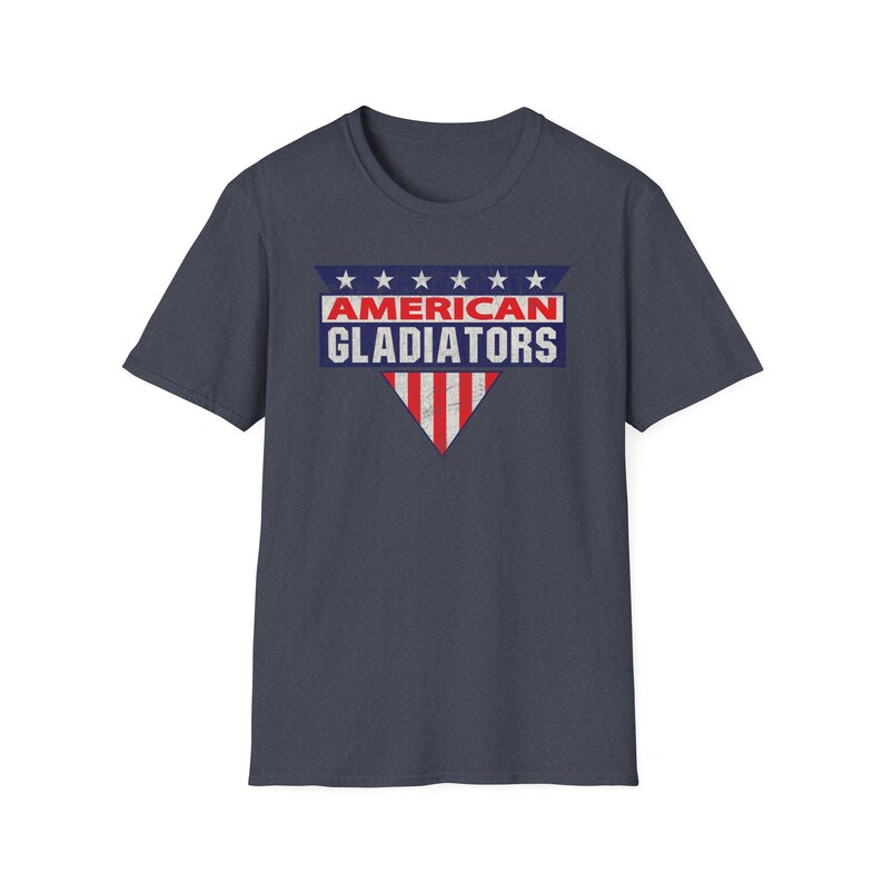 ヴィンテージ アメリカン グラディエーターズ Tシャツ フラッグ シールド グラフィック 愛国的なレトロ スポーツ Tシャツ USA プライド シャツ レトロ 80 年代 テレビ番組へのギフト Heather Navy