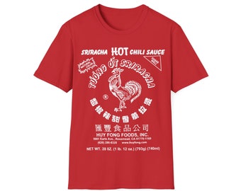 Koszulka z etykietą ostrego sosu Sriracha Spicy Rooster