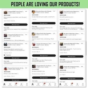 May include: Image of customer reviews for various products. The text at the top says "PEOPLE ARE LOVING OUR PRODUCTS!". Reviews mention product quality, fit, and satisfaction. The products appear to be t-shirts and other merchandise.