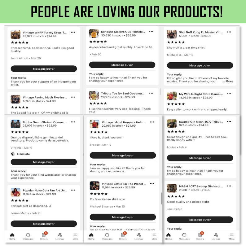 May include: Image of customer reviews for various products. The text at the top says "PEOPLE ARE LOVING OUR PRODUCTS!". Reviews mention product quality, fit, and satisfaction. The products appear to be t-shirts and other merchandise.