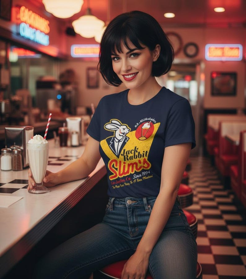 May include: A navy blue t-shirt with a vintage "Jack Rabbit Slim's" diner graphic, showing a rabbit in a suit and a milkshake. The shirt is worn with blue jeans. A milkshake with a red and white straw sits on the counter.