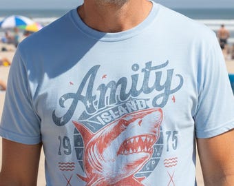 ヴィンテージ アミティ島 レトロ Tシャツ ジョーズ映画にインスパイアされたユニセックス Tシャツ クラシックフィット＆クルーネック 100%リングスパンコットン製