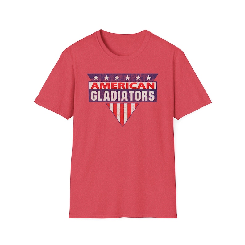 ヴィンテージ アメリカン グラディエーターズ Tシャツ フラッグ シールド グラフィック 愛国的なレトロ スポーツ Tシャツ USA プライド シャツ レトロ 80 年代 テレビ番組へのギフト Heather Red