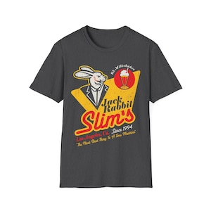 Vintage Jack Rabbit Slim's Diner Tee Logo with Retro Graphic Pulp Fiction Inspired TShirt Lightweight Breathable Cotton Shirt Fan Art Dark Heather