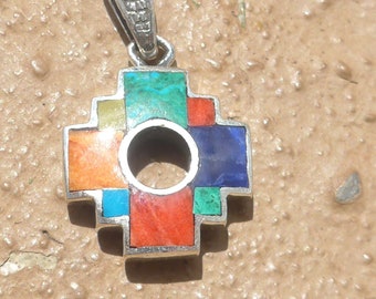 Reversible  7 Color Chakra Stones, Rainbow Chakana Pendant with Inca History on the back