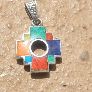 Reversible  7 Color Chakra Stones, Rainbow Chakana Pendant with Inca History on the back