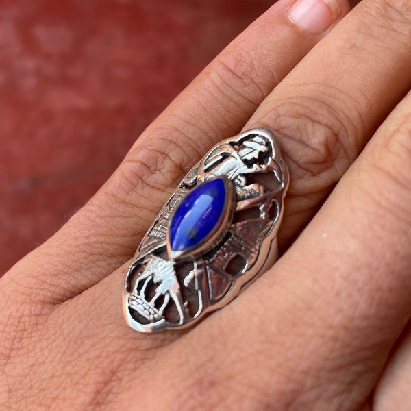 Silver Inka History Ring with Lapis Lazuli Stone