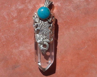 Big Quartz Crystal with Chrysocolla Stone, decoration of Snake and Leaf from 950 silver