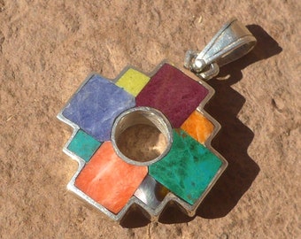 Reversible, Big Colorful Silver Chakana Pendant with Inka History on the back