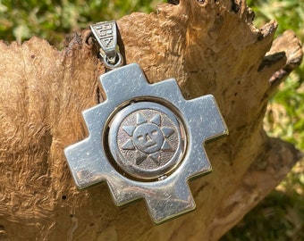 Reversible Silver Chakana Pendant with Sun and Moon