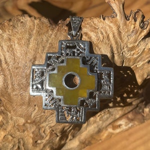 Silver Chakana Pendant with Inca History and Serpentine Stone