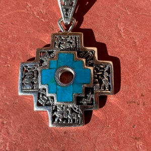 Silver Chakana Pendant with Inka History and Chrysocolla stone in the middle