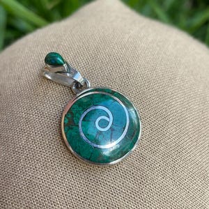 Green Chrysocolla Stone, Silver Spiral Pendant
