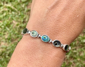 ヴィンテージアバロンシェルシルバーブレスレット：レインボーインレイ