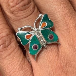 Adjustable Green Butterfly Silver Ring