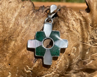 Green Chrysocolla stone and Mother of Pearl Silver Chakana Pendant