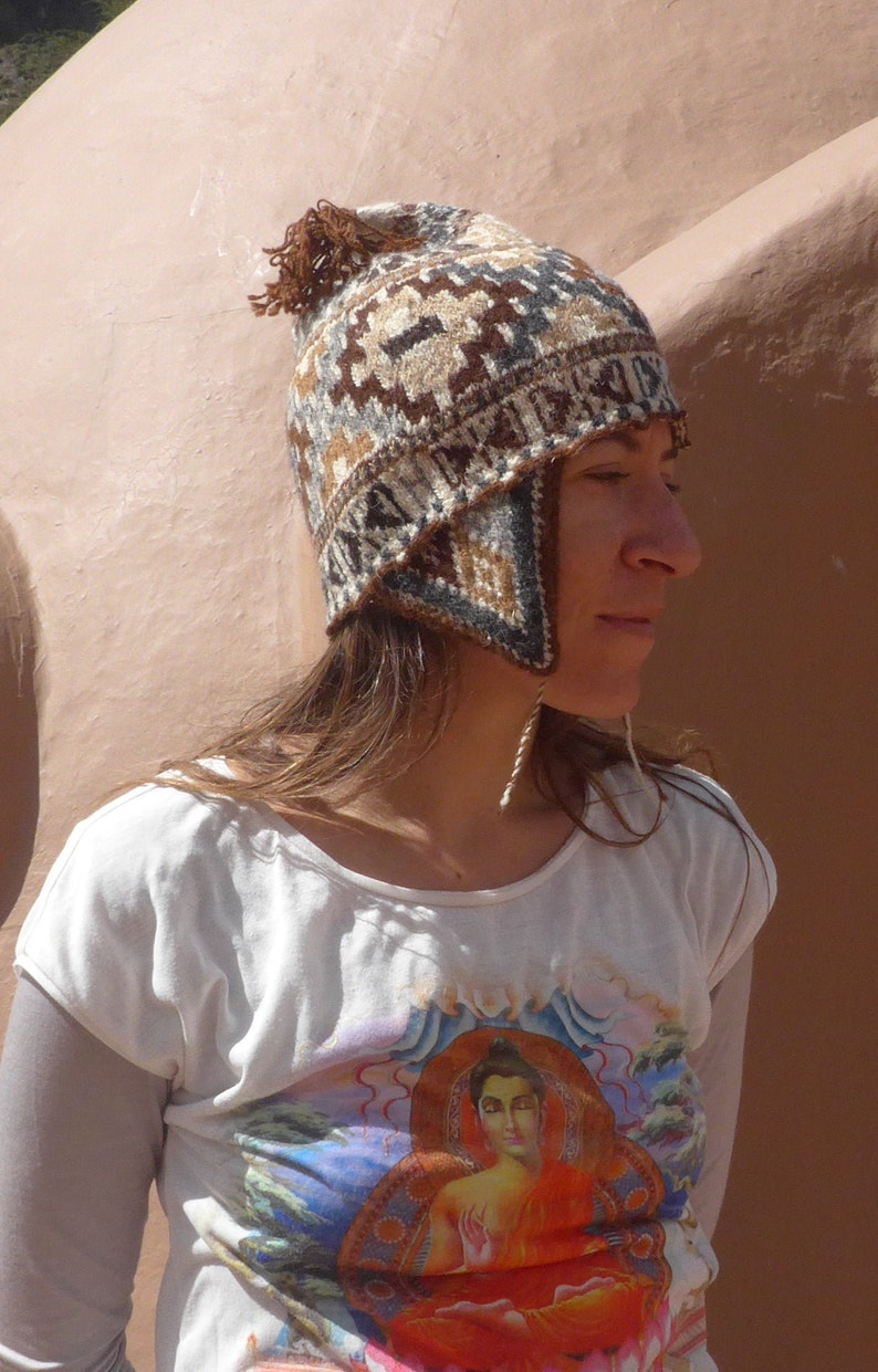 Earthy Alpaca Wool Winter Beanie with Chakana