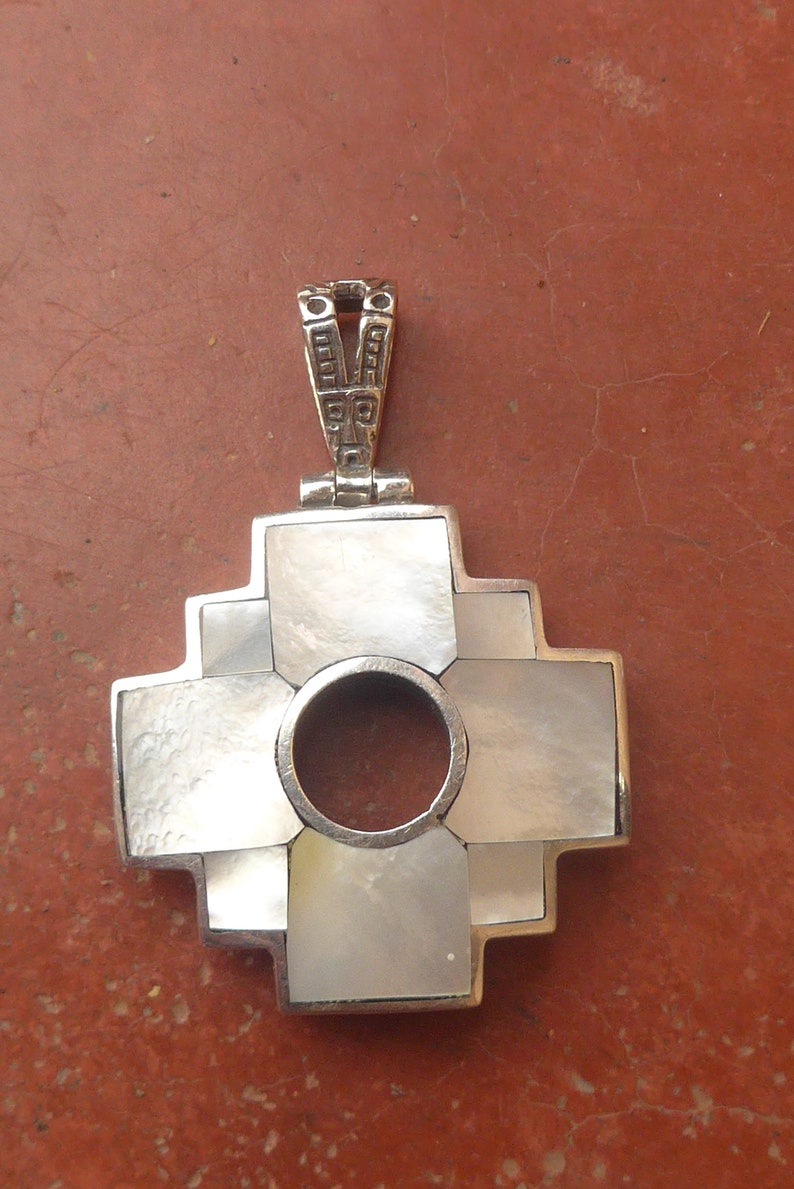 Big Reversible White Mother of Pearl Chakana Pendant with Inca History on the back