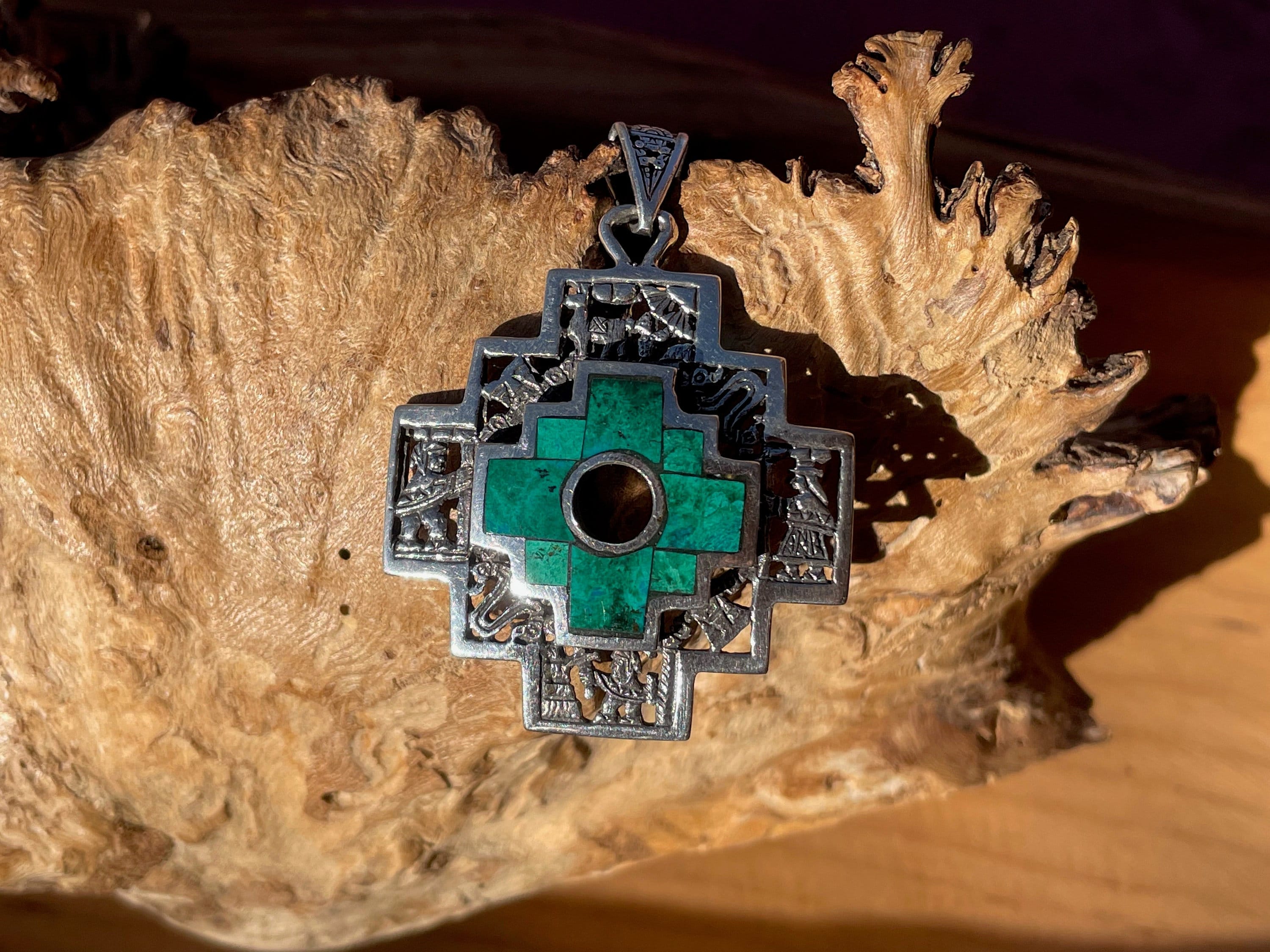 Silver Chakana Pendant with Chrysocolla Stone and Inka History