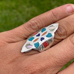 Size - US 6 - Unique  Silver Ring with Colorful Gemstones