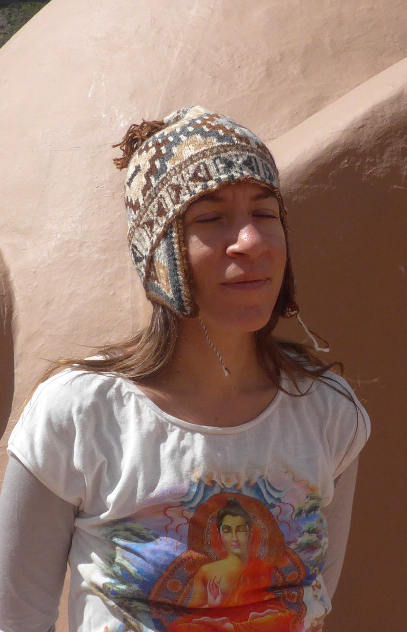 Earthy Alpaca Wool Winter Beanie with Chakana